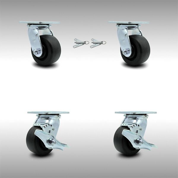 4 Inch SS Polyolefin Caster Set with Roller Bearings 2 Swivel Lock 2 Brake SCC